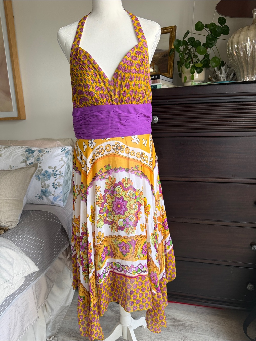SANGRIA Halter Floral Print 100% silk Sundress in Yellow & Purple